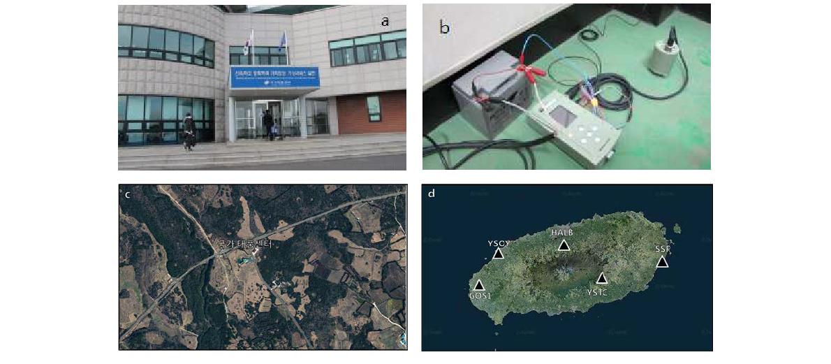 (a) Jeju National Typhoon Center, (b) Installed at Typhoon Center first basement level generator room, (c) satellite image of the Jeju National Typhoon Center and (d) KMA seismic stations adjacent to Jeju National Typhoon Center