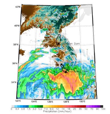 2014년 8월 2일 15시(+1h) LDAPS 예측 강수량 분포도(한반도)