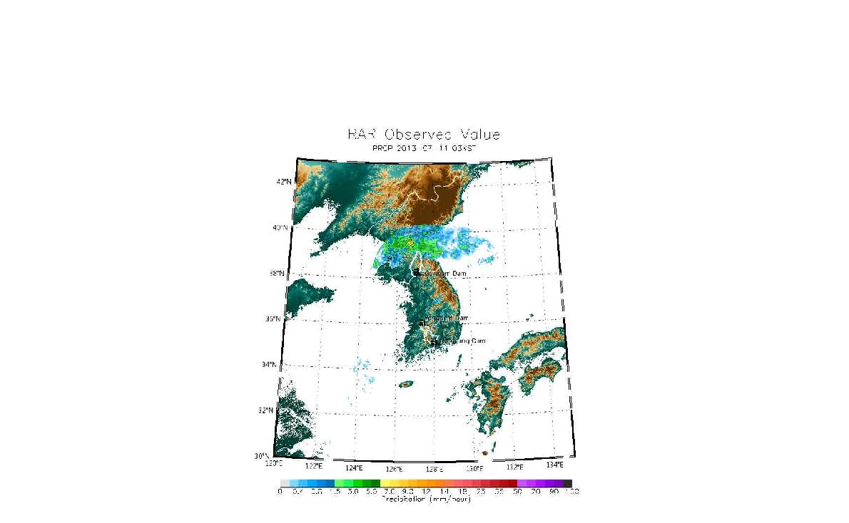 한반도 레이더 강수량 분포도(2013년 7월 11일 03시)