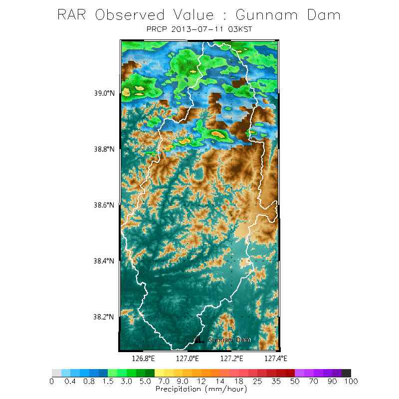 군남홍수조절지 유역 레이더 강수량 분포도(2013년 7월 11일 03시)