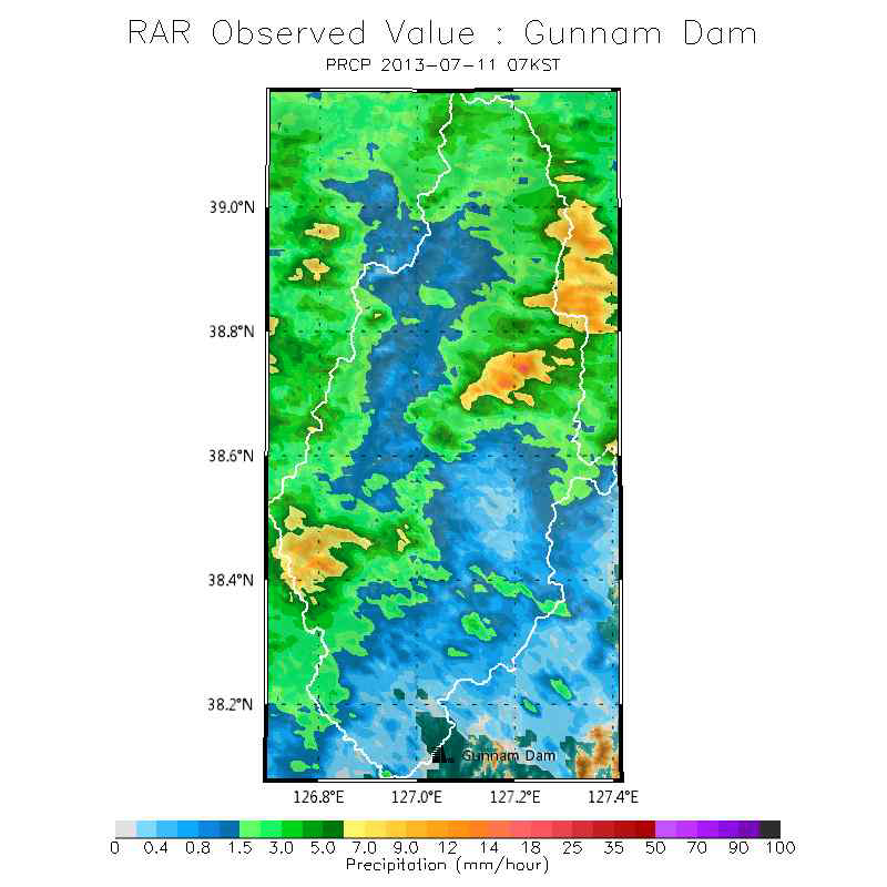 군남홍수조절지 유역 레이더 강수량 분포도(2013년 7월 11일 07시)