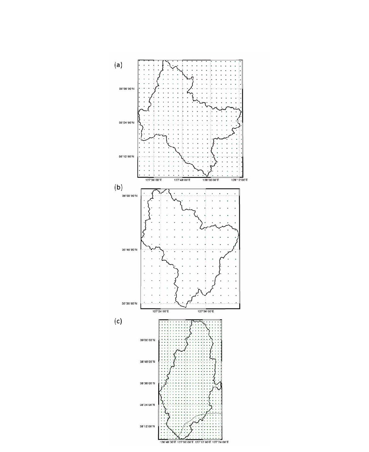 남강댐(a), 용담댐(b), 군남홍수조절지(c) 유역의 UM3.0 격자