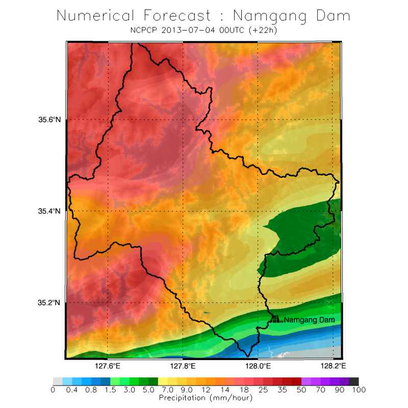 2013년 7월 4일 09시(+22h) LDAPS 예측 강수량 분포도(남강댐)