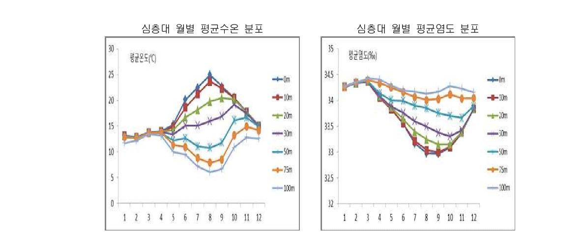 심층대별 수온/염도 분포