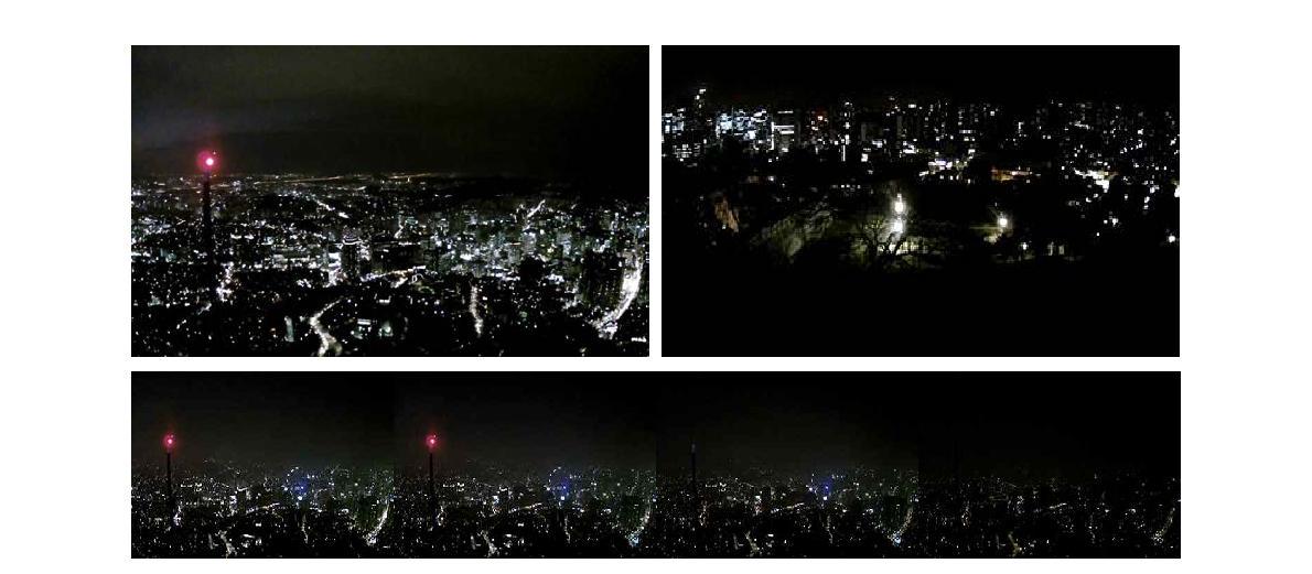 남산 시정관측소 야간 전경(상좌)과 서울기상관측소의 야간 전경(상우) 및 야간시정 변화에 다른 광량의 변화