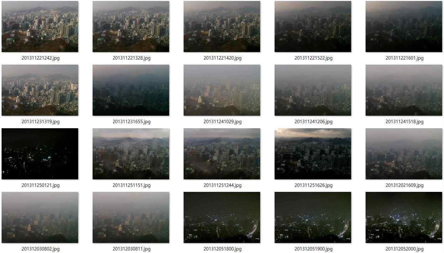 서울남산타워 영상시정측정소에서 관측된 분석용 시정 영상 이미지 자료(일부 예시)
