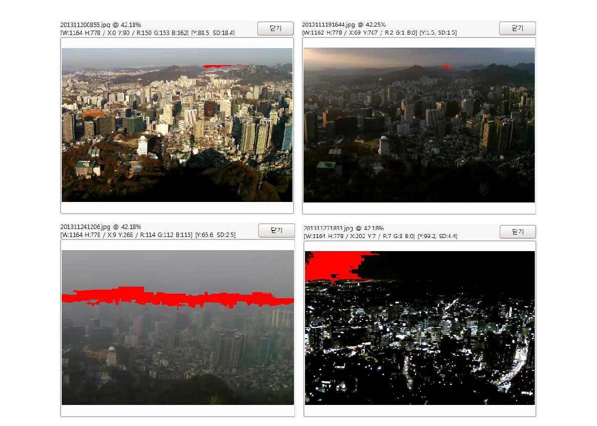 N 서울타워 영상시정측정소의 시정 영상 이미지에 대한 사례별 목표물 인식 결과