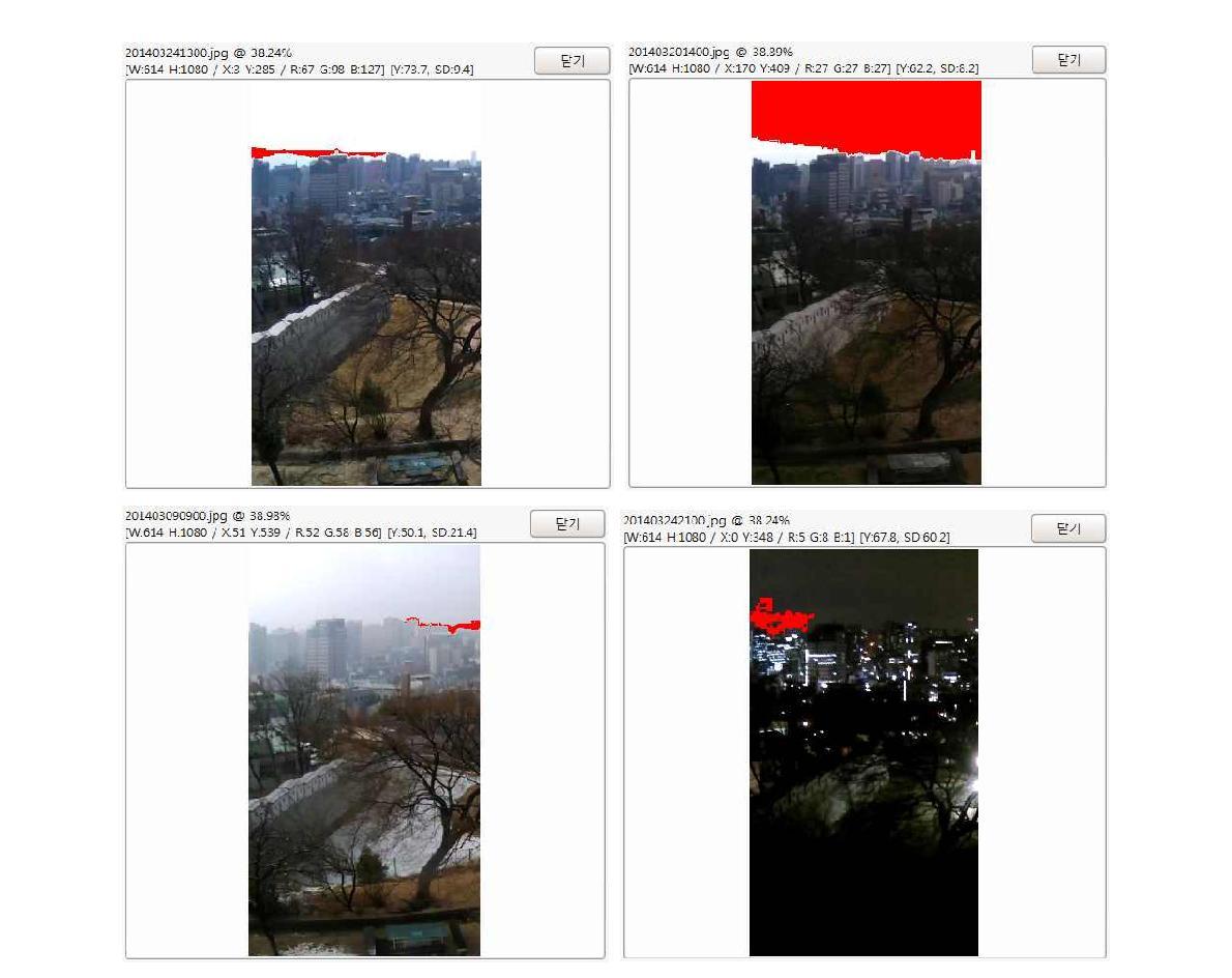 송월동 영상시정측정소의 시정 영상 이미지에 대한 사례별 목표물 인식 결과