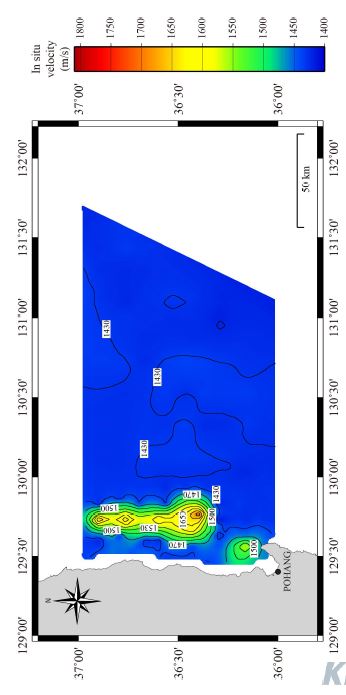 그림 3.43. 온도 영향을 고려한 표층퇴적물의 현장 속도분포(m/s).