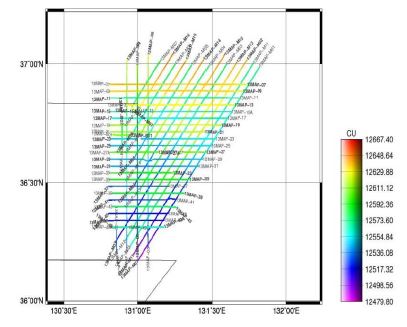 그림 3.60. 연구지역에서 얻어진 선상중력계의 측정값 분포.