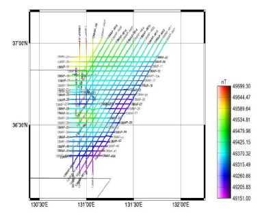 그림 3.64. 연구지역 내에서 취득된 해상자력계의 측정값 분포도