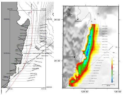그림 4.5. (좌) 2012년(검정색) 및 2015년(붉은색) 탄성파 조사 항적도. (우) 2012년 탄성파 자료에서 분석된 KSSM 등층후도.