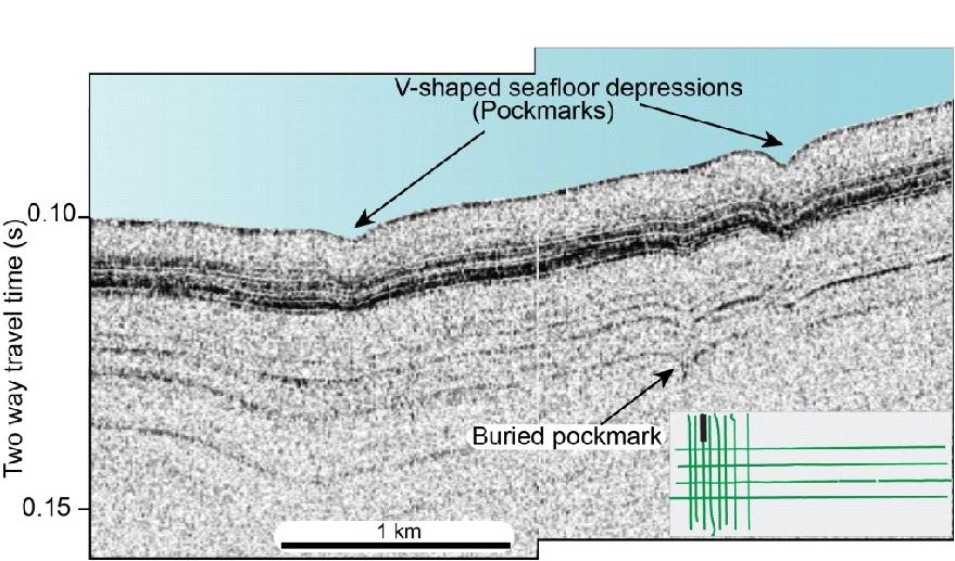 그림 4.14. Chirp profile crossing upslope areas of the scars showing a V-shaped pockmark on the seafloor. A buried pockmark is also seen.