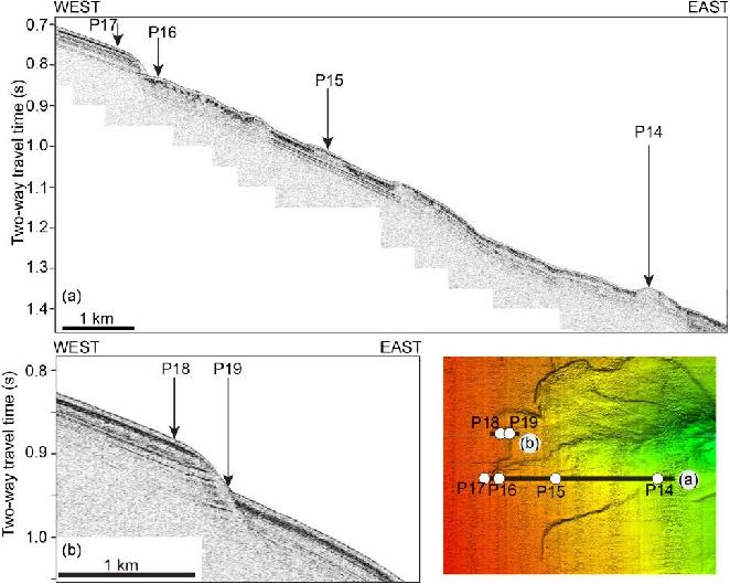 그림 4.16 Subbottom chirp profiles together with bathymetric map showing piston core locations that have been projected onto profiles to show morphology and stratigraphic setting of coring sites.