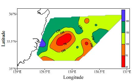 그림 4.26. 일부 자료가 제외된 총 희토류 원소 농도의 수평 분포(mg/kg).