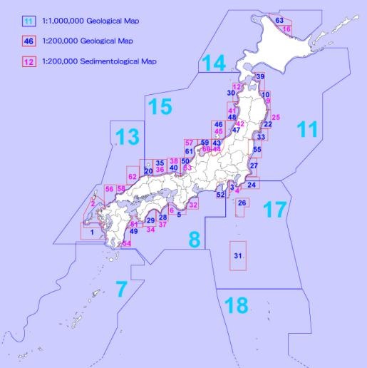 그림 1.11. 일본의 해저지질도 발간 현황. 13번 도폭이 독도를 포함하고 있다.