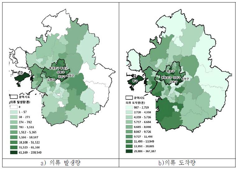 수도권 시·군·구별 의류 발생 및 도착량