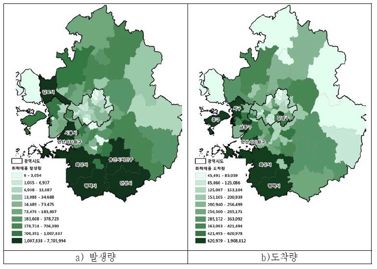 수도권 시·군·구별 화학제품 발생 및 도착량