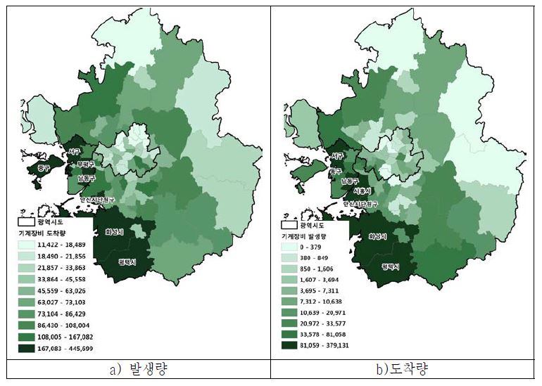 수도권 시·군·구별 기계·장비 발생 및 도착량