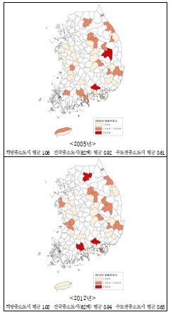 지방중소도시의 영향력지수(2005년, 2012년)