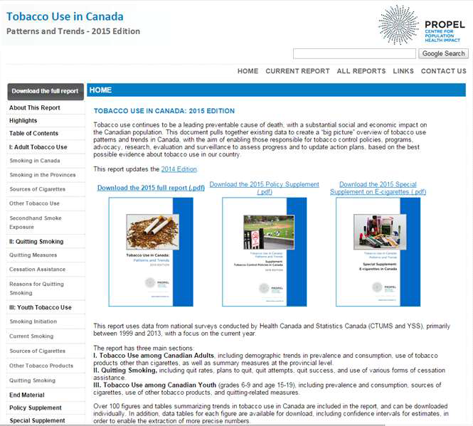Tobacco Use in Canada 보고서 다운로드 화면