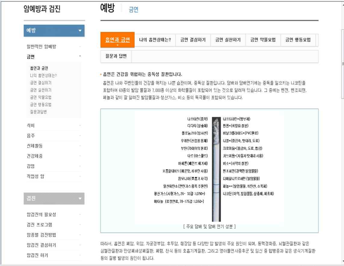 국가암정보센터 금연 관련 콘텐츠