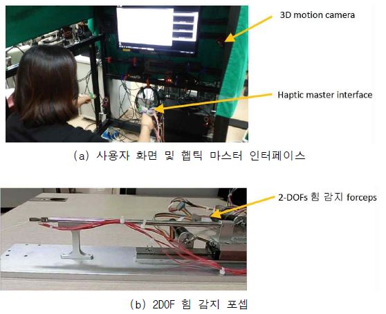 Haptic 무구속 master와 2-DOFs force-sensing forceps 연동 test