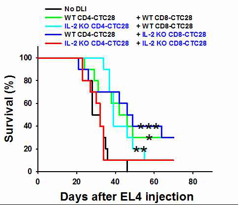 CD4 T세포와 CD8 T세포 모두에서 IL-2가 제공되지 못할 경우 혈액종양치료모델의항종양효과는 사라짐.