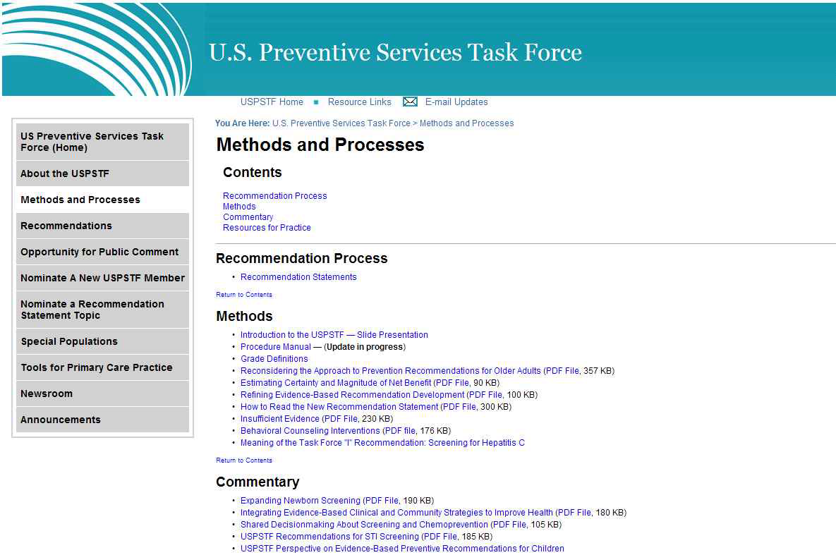 미국 US, Preventive Services Task Force (USPSTF)의 홈페이지 – 권고안 개발 방법 및 절차 개시