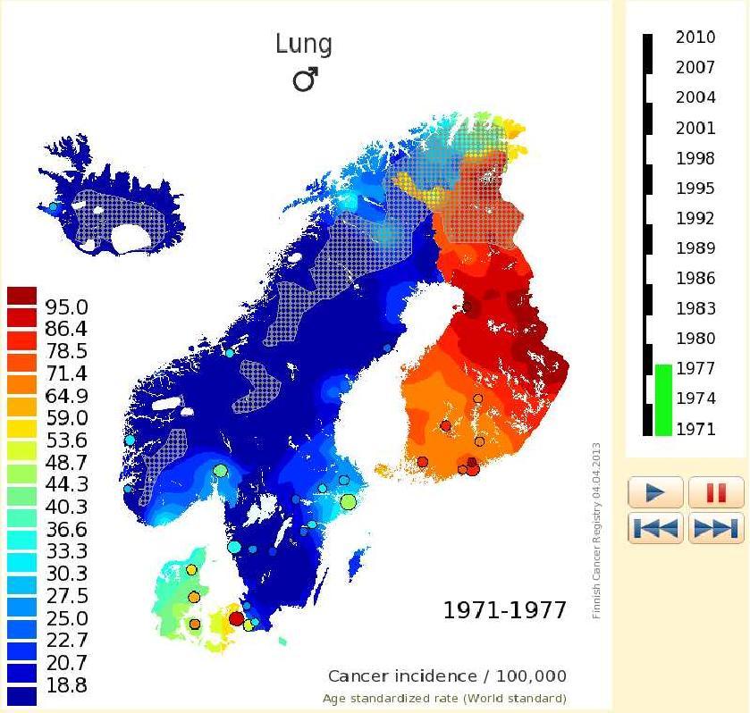 북유럽 국가들의 지역별 암발생 지도, 남성 폐암, 1971-2010