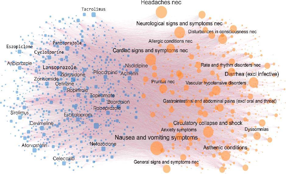 소프트웨어로 생성된 약물과 약물부작용 네트워크의 시각화