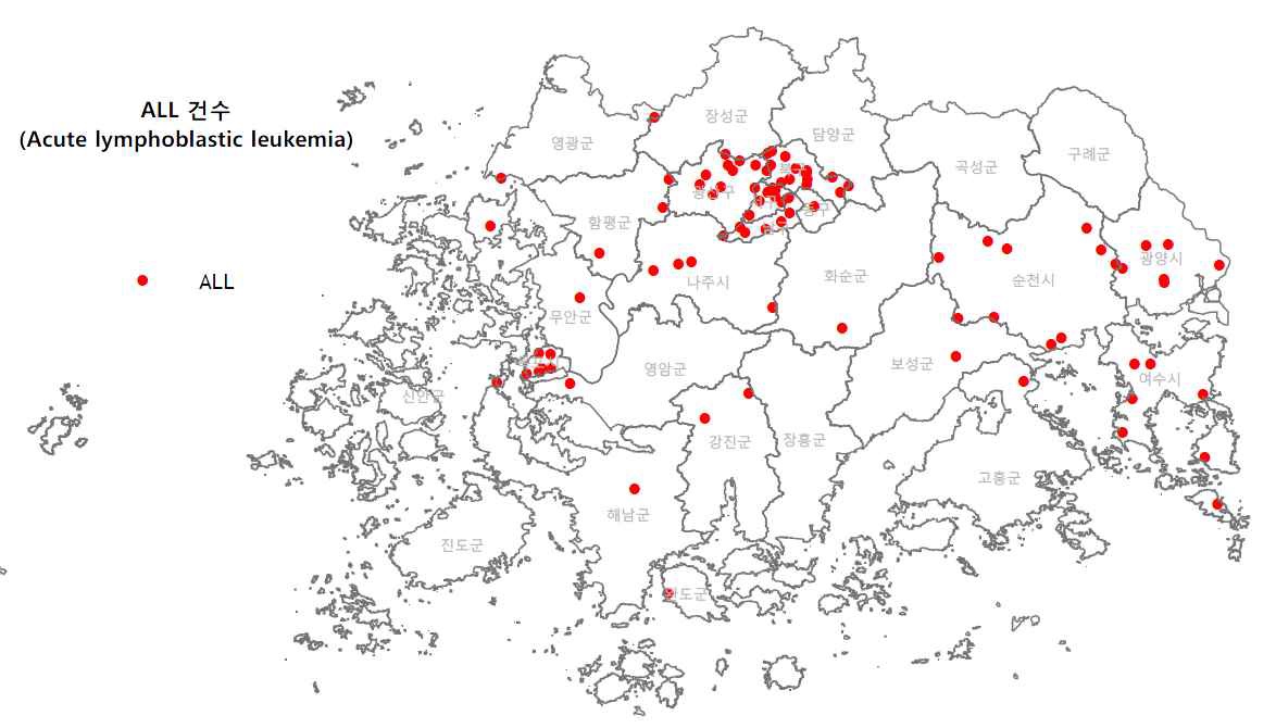 최근 5년간 급성림프구성 백혈병 발생 지역별 분포 (2009-2012)