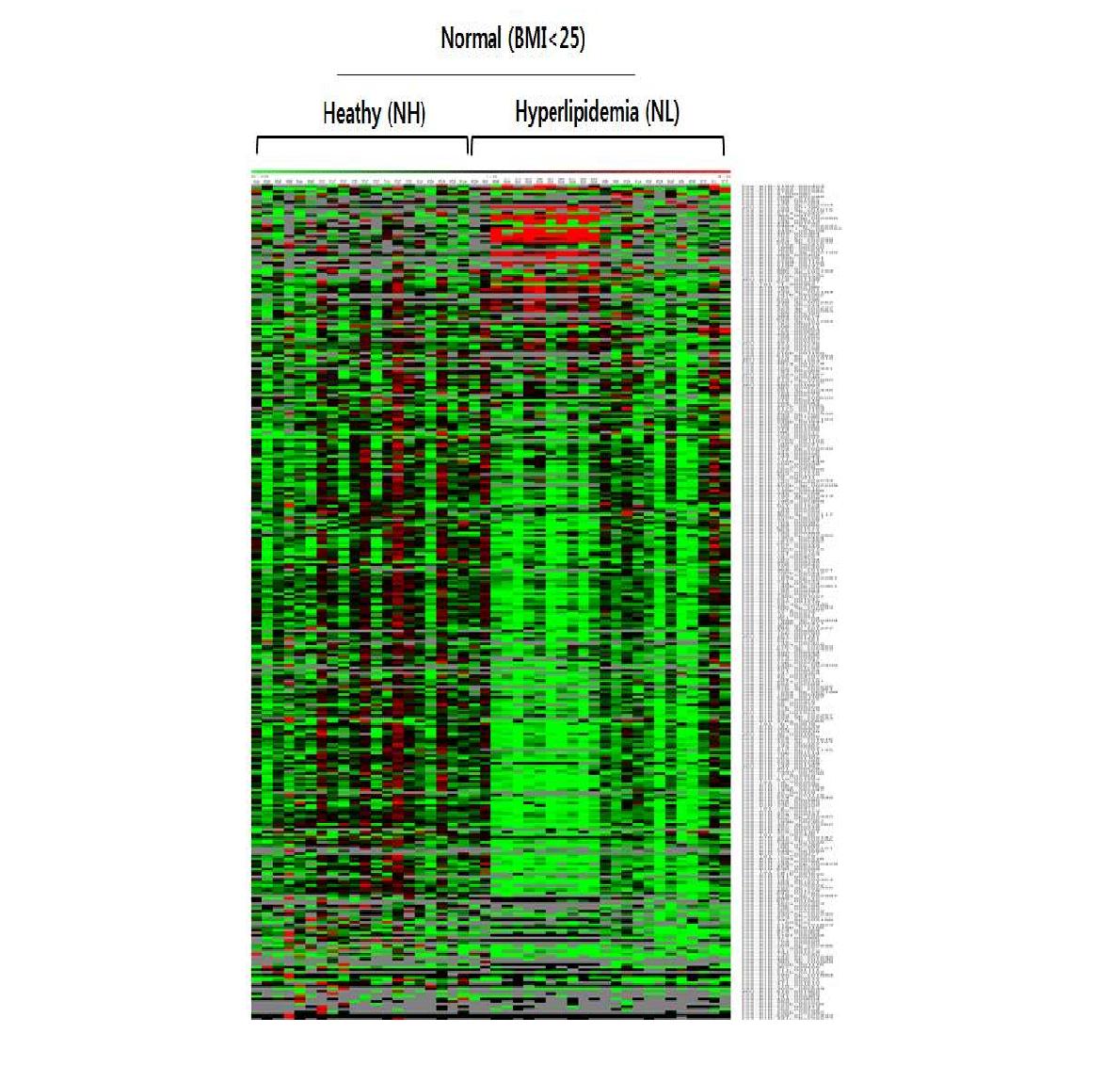 Heatmap of circulating miRNAs in NH and NL groups. Red, increased expression; green, decreased expression; black, mean level equal to 1.