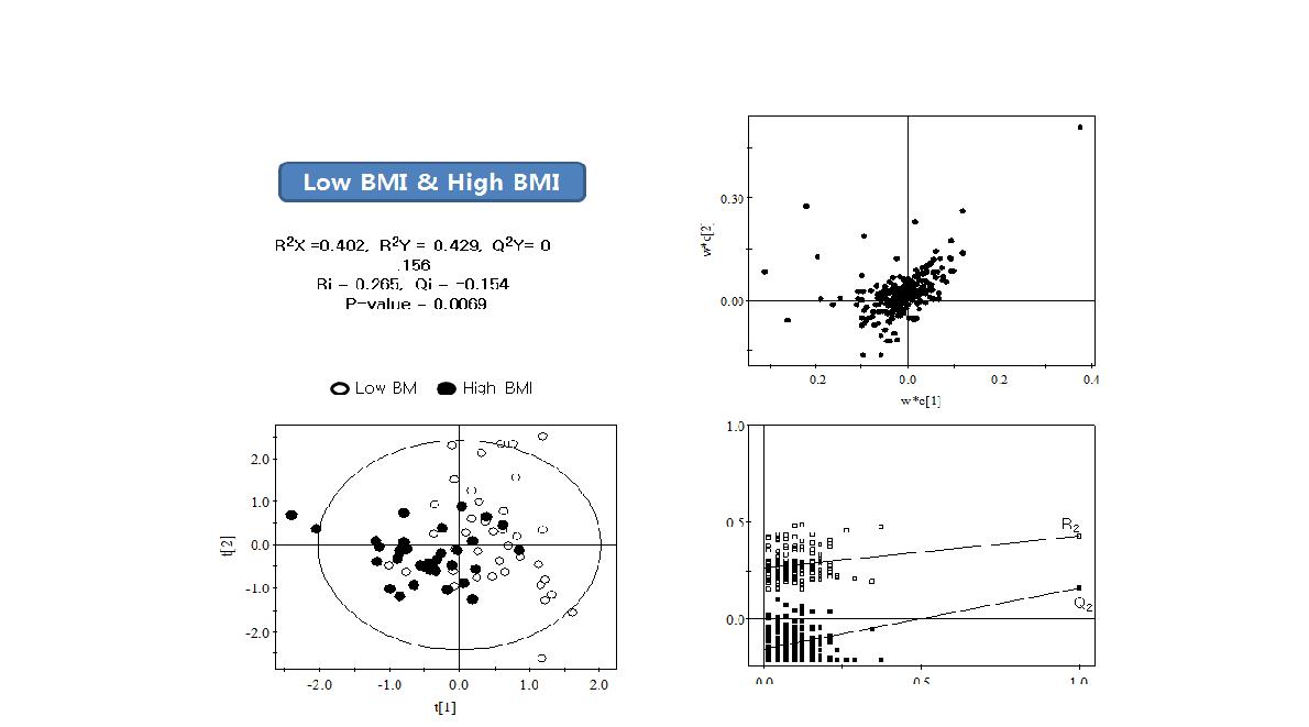 BMI 기준에 의한 대사체 비교를 위한 PLS-DA score plot, S plot, cross validation data