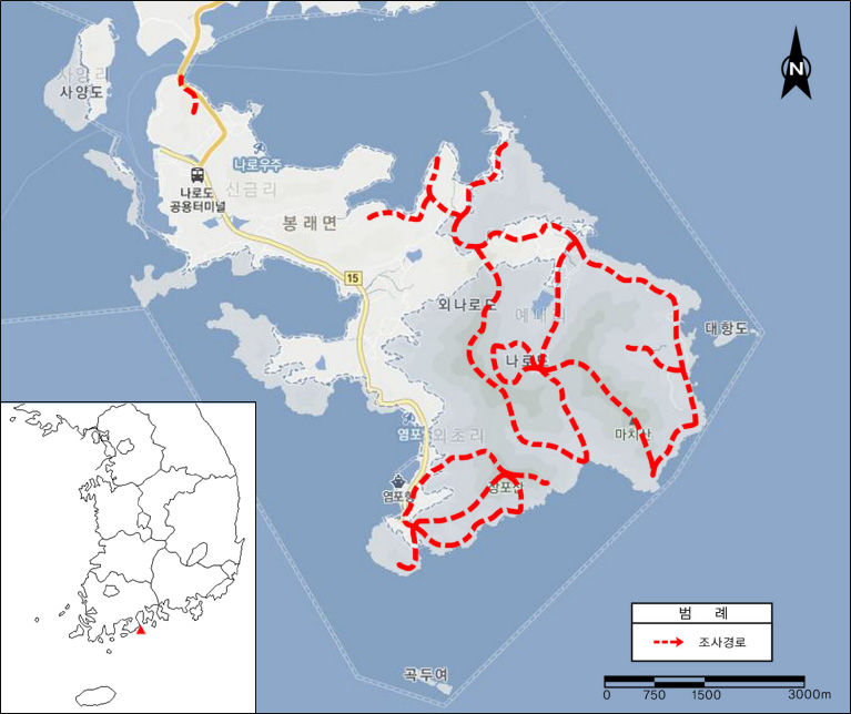 Map showing the survey routes of Oenarodo Island.