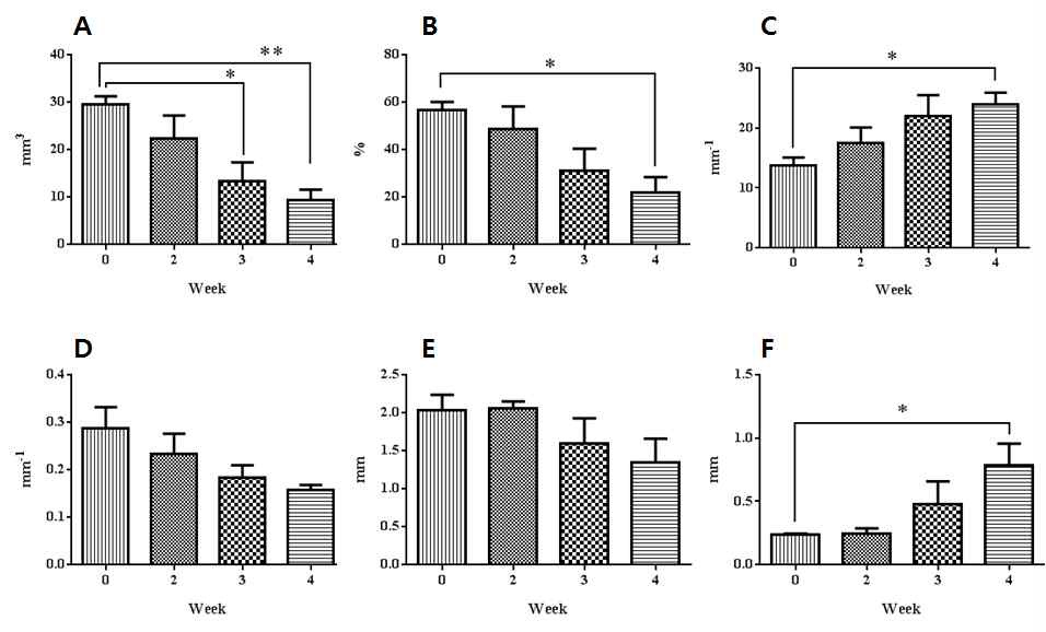 Micro-CT analysis parameters of hind knee joint of rats treated with collagen at weeks 0, 2, 3 and 4. (A) bone volume; (B) percent bone volume; (C) trabecular number; (D) trabecular thickness; (E) bone surface/ bone volume; (F) trabecular separation. *,**Significantly different from week 0 (p<0.05, p<0.01, respectively). Values are shown as mean ±SD.