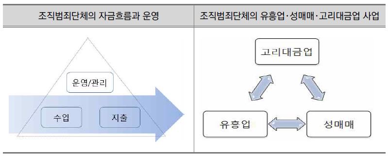 조직범죄단체의 자금흐름 개념도와 사업간 관계도