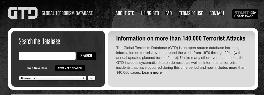 1970년부터 2014년까지 발생한 테러의 정보를 보유하고 있는START 프로젝트 내의 Global Terrorism Database