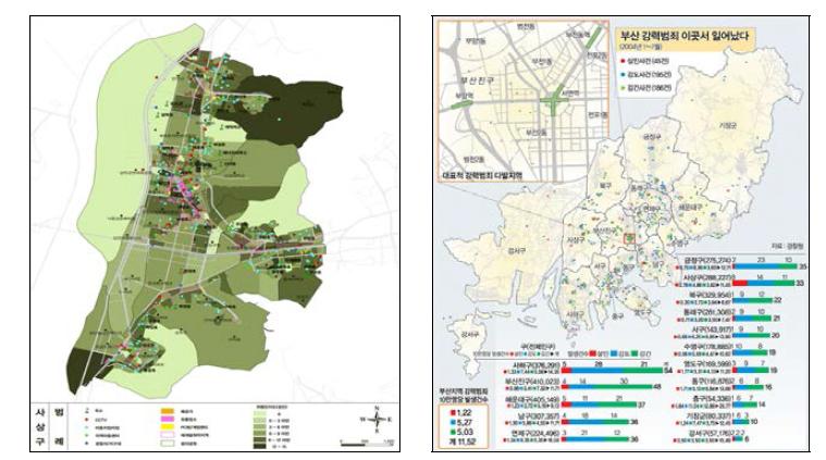 부산 사상구 아동안전지도(좌)와 부산경찰 범죄지도(우)