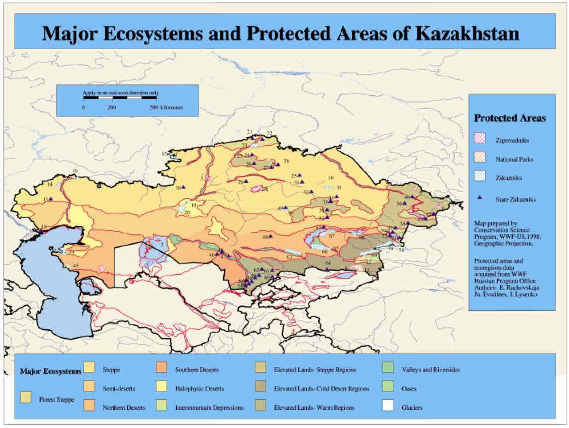 카자흐스탄 주요 생태계 및 보호 구역(Biodiversity Assessment for Kazakhstan, 2001)