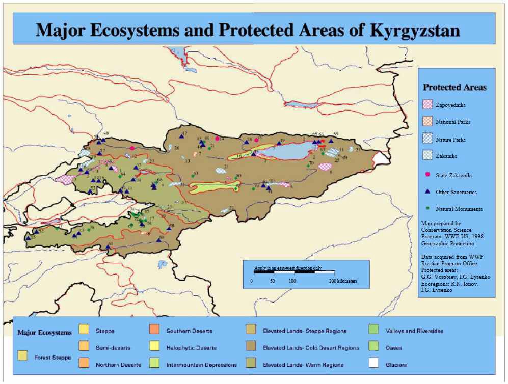 키르기즈스탄 주요 생태계 및 보호 구역(Biodiversity Assessment for Kyrgyzstan, 2001)