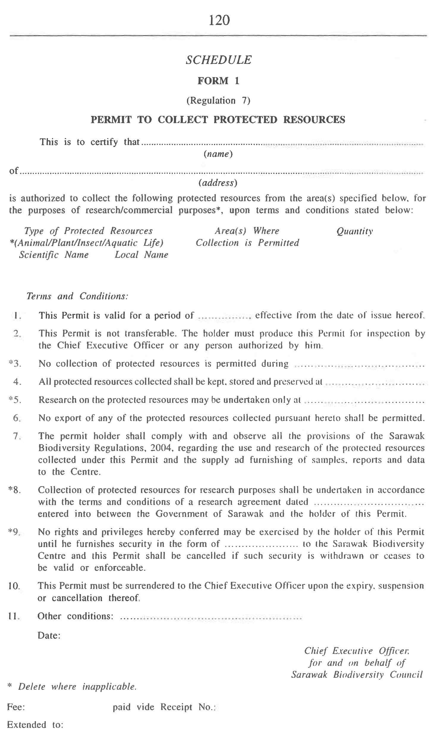 말레이시아 사라왁주 생물자원 수집 등의 관한 허가증 (Form 1)