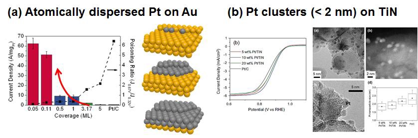 (a) Au 위에 담지된 단원자단위의 Pt, (b) TiN 위에 담지된 2 nm 이하의 Pt clusters.