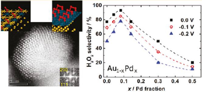 David J. Schiffirin group에서 합성한 AuPd/C 촉매의 구조와 과산화수소 선택도에 대한 모식도