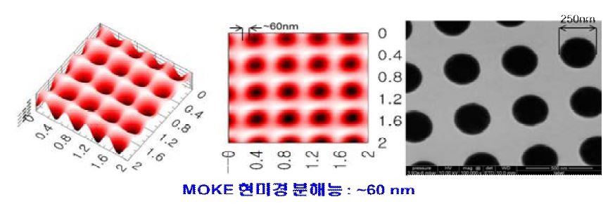 왼쪽 및 중앙: 지름이 250 nm 인 어레이의 MOKE 현미경 이미지와 오른쪽: SEM 이미지