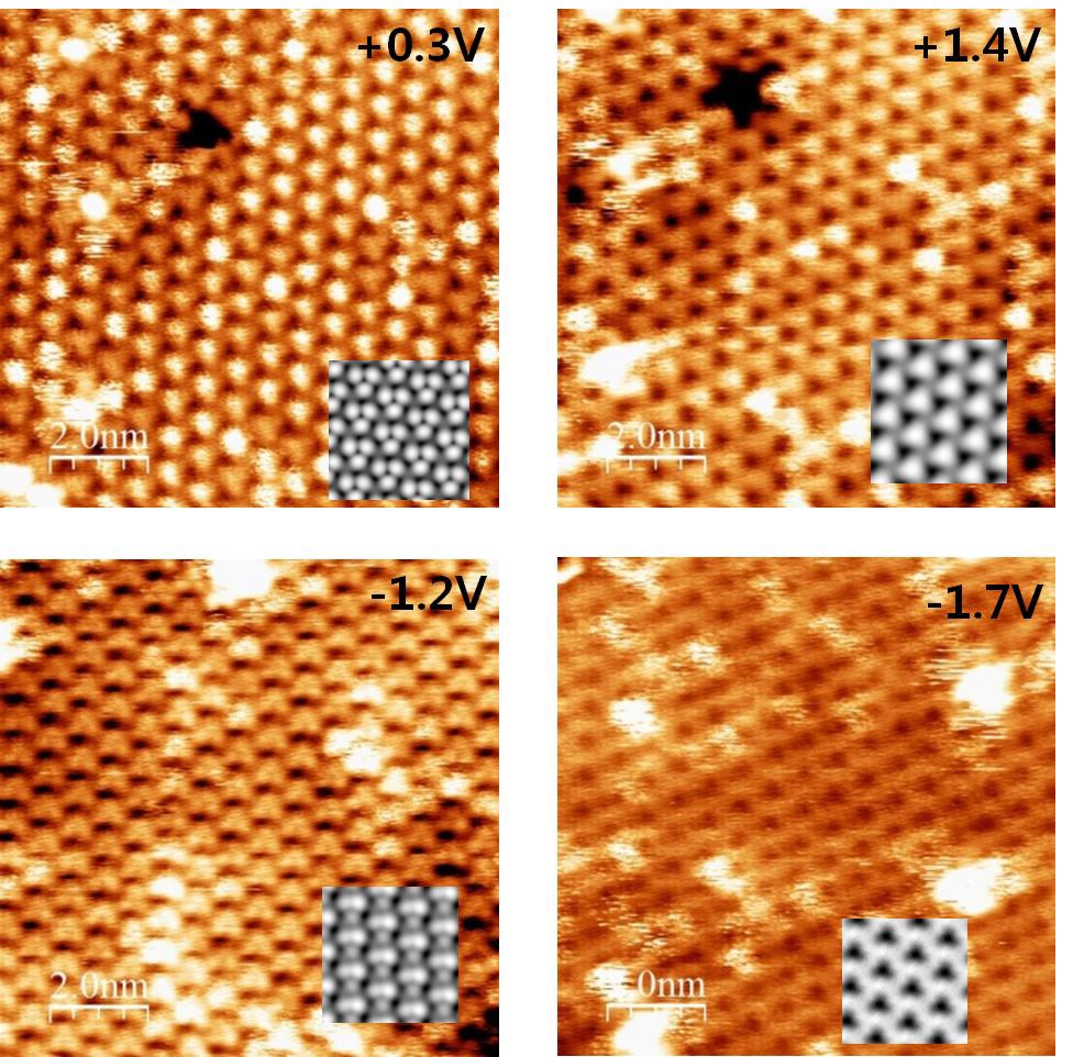 다양한 팁-시료간 bias 전압에서 얻은 FeGe 박막의 표면 원자 구조 STM 이미지(PtIr 팁 이용)와 제일원리계산 결과,