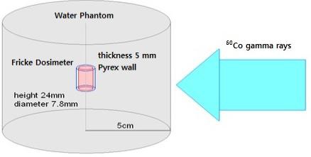 Diagram of water phantom and Fricke dosimeter used in the Monte Carlo calculation with EGSnrc code