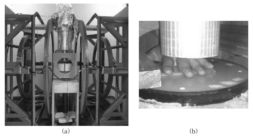 (a) Photograph of the experimental setup for the MRI experiment. (b)Photograph of hand and Bp dewar.