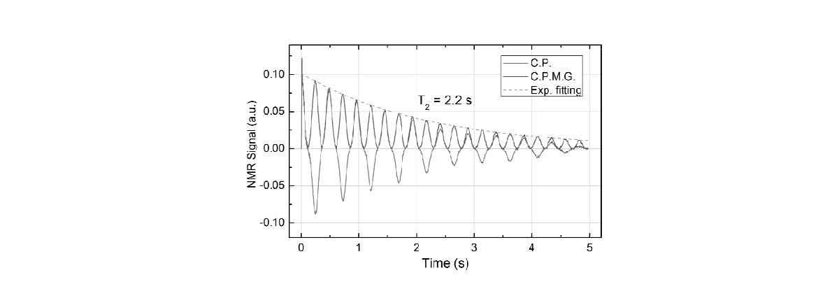 Echo trains obtained by the CP and CPMG sequences. The durations of the 90 deg. and 180 deg. pulses were estimated from the nutation curve (blue) in Fig. 2. From the CPMG result, T2 was measured to be 2.2 s.