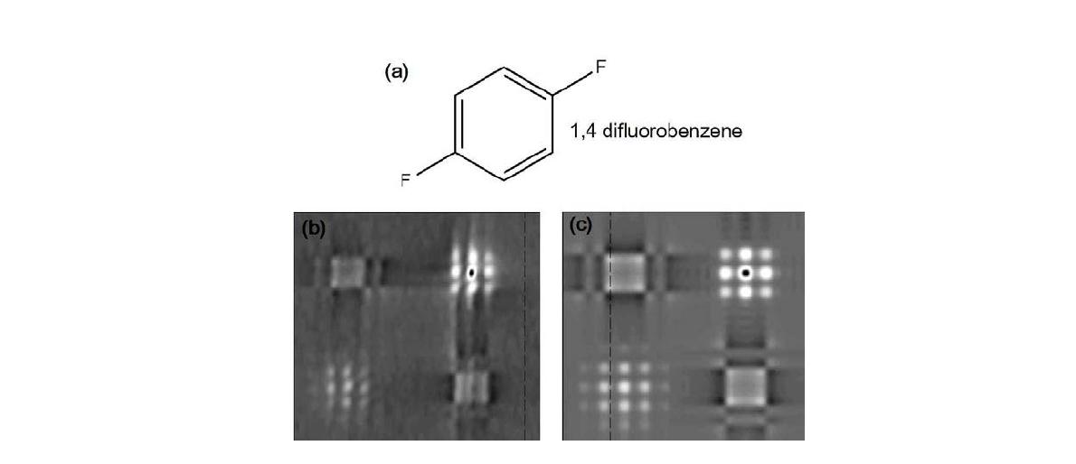 (a) the structure of 1,4 difluorobenzene (b) the 2D spectrum of 1,4 difluorobenzene obtained at 5 μT (c) the 2D spectrum produced by numerical simulation
